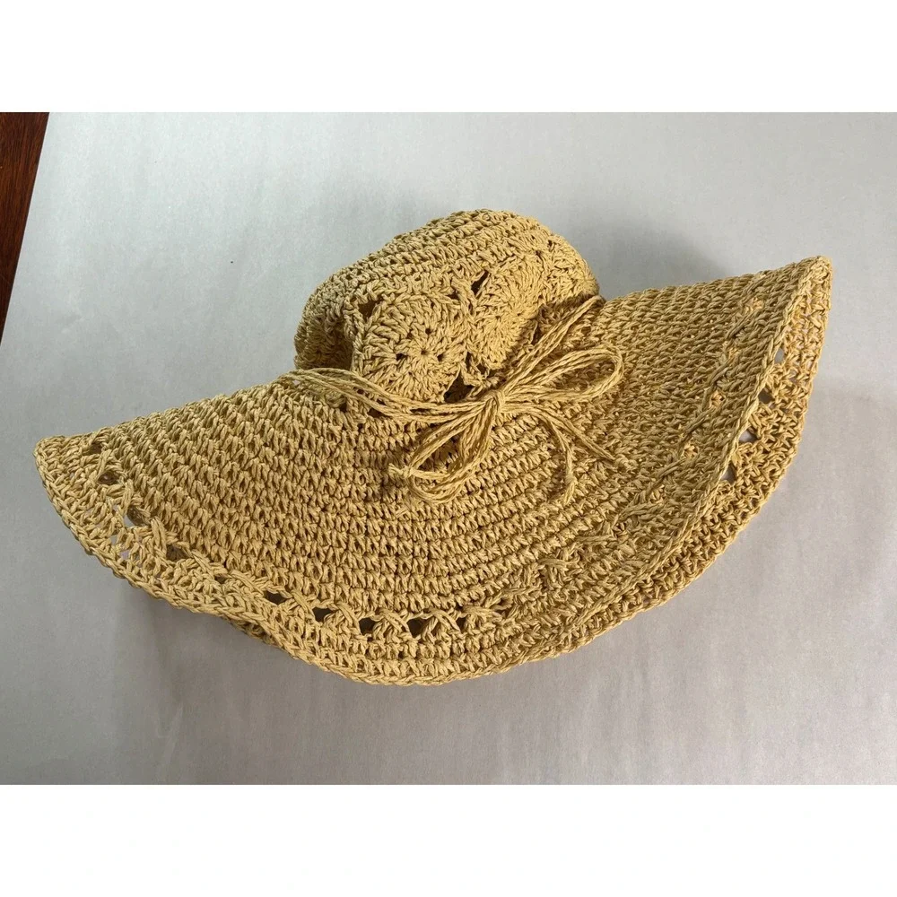 Kate Landry Womens Tan Woven Straw Wide Brim Sun Hat Crochet Packable Beach Hat